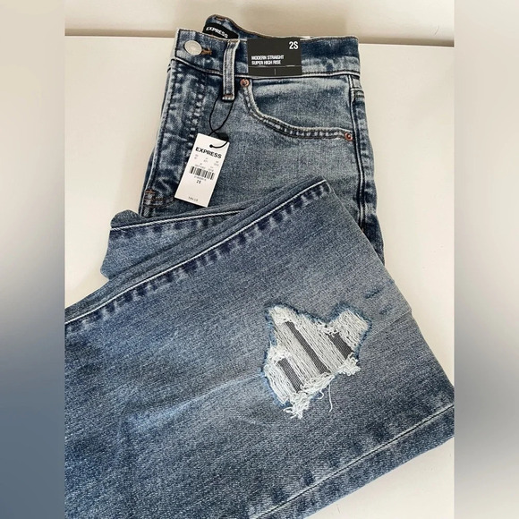 Express Modern Straight Leg Super High Rise Distressed Blue Jeans Women’s 2S NWT - Picture 5 of 14